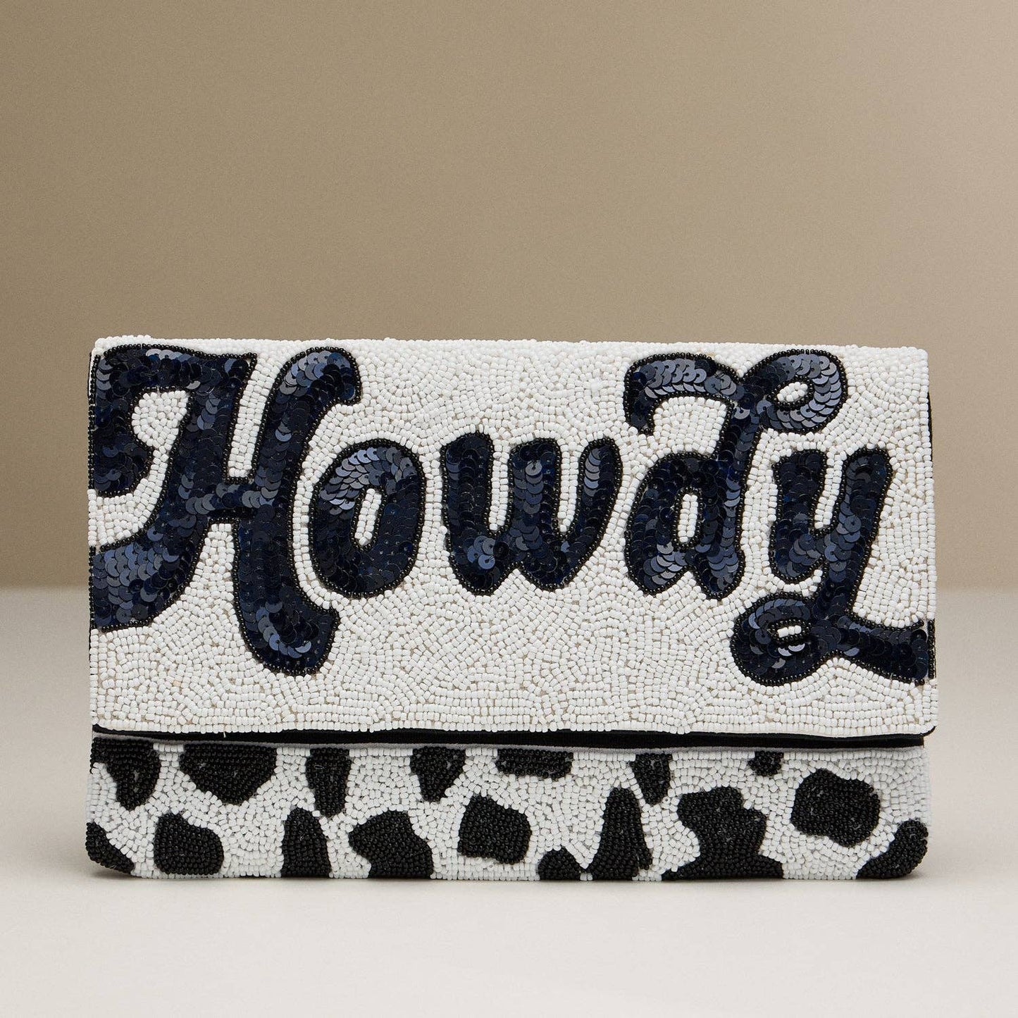 Beaded "Howdy" Western Clutch – Handmade Cow Print Purse with Gold Chain: NA / One / BA081