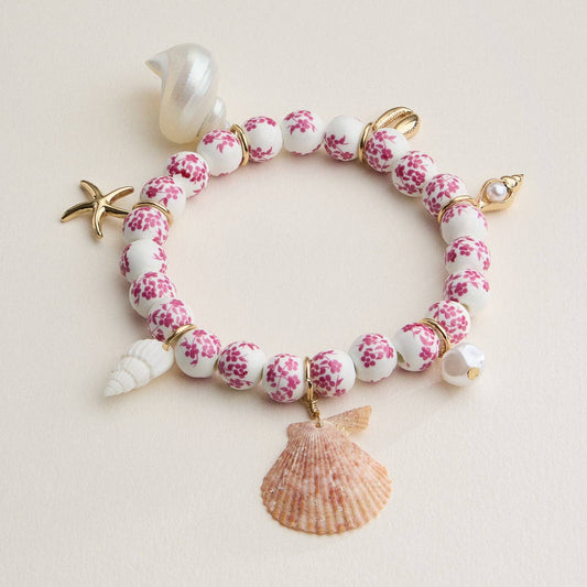 Floral Beaded Seashell Charm Bracelet – Beachy Boho Jewelry: Pink / One / 5SB21023