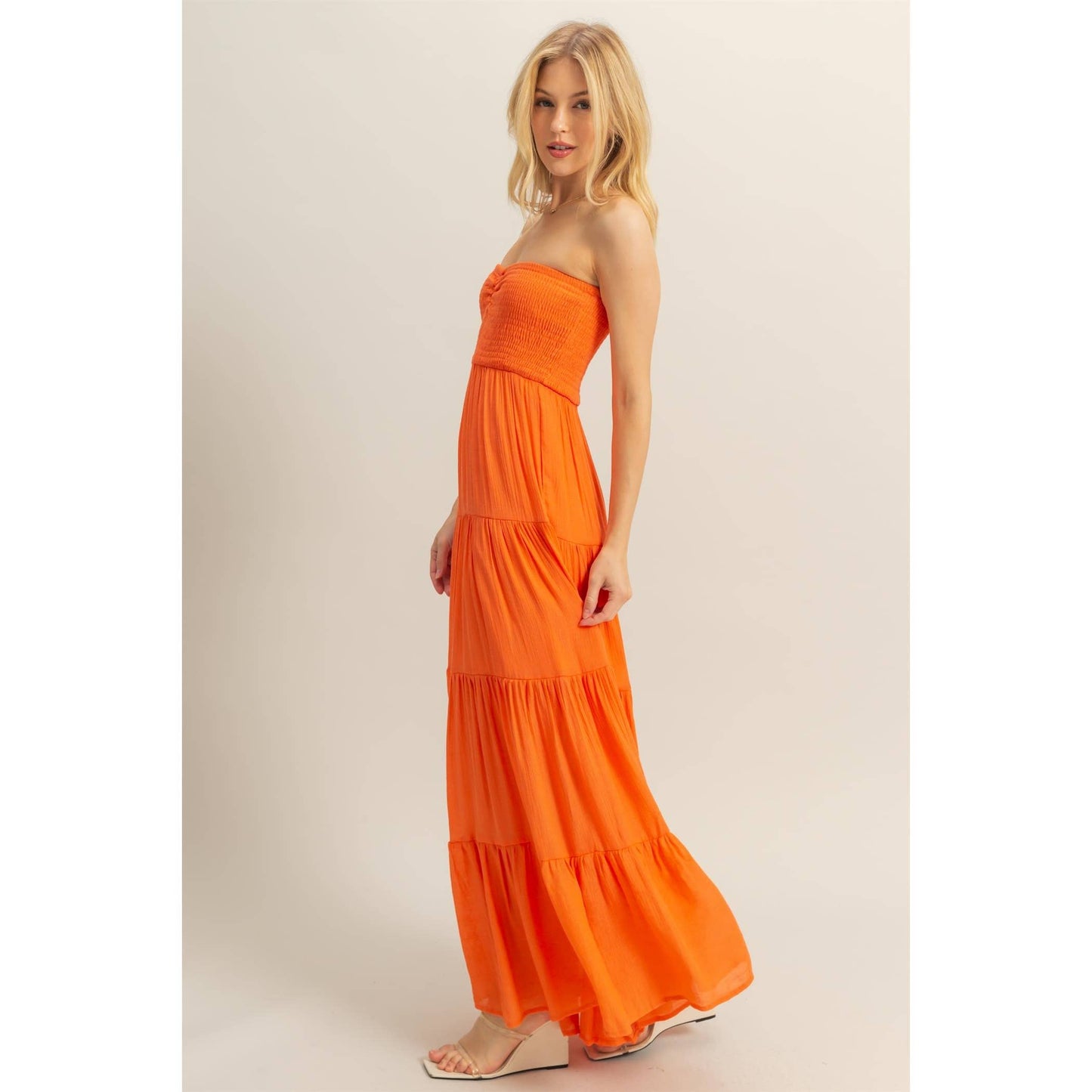 Strapless Ruched Bust Tiered Maxi Dress: ORANGE