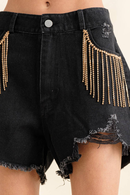 17368P - Distressed Frayed Detail Fringe Rhinestone Denim: BLACK GOLD / LARGE
